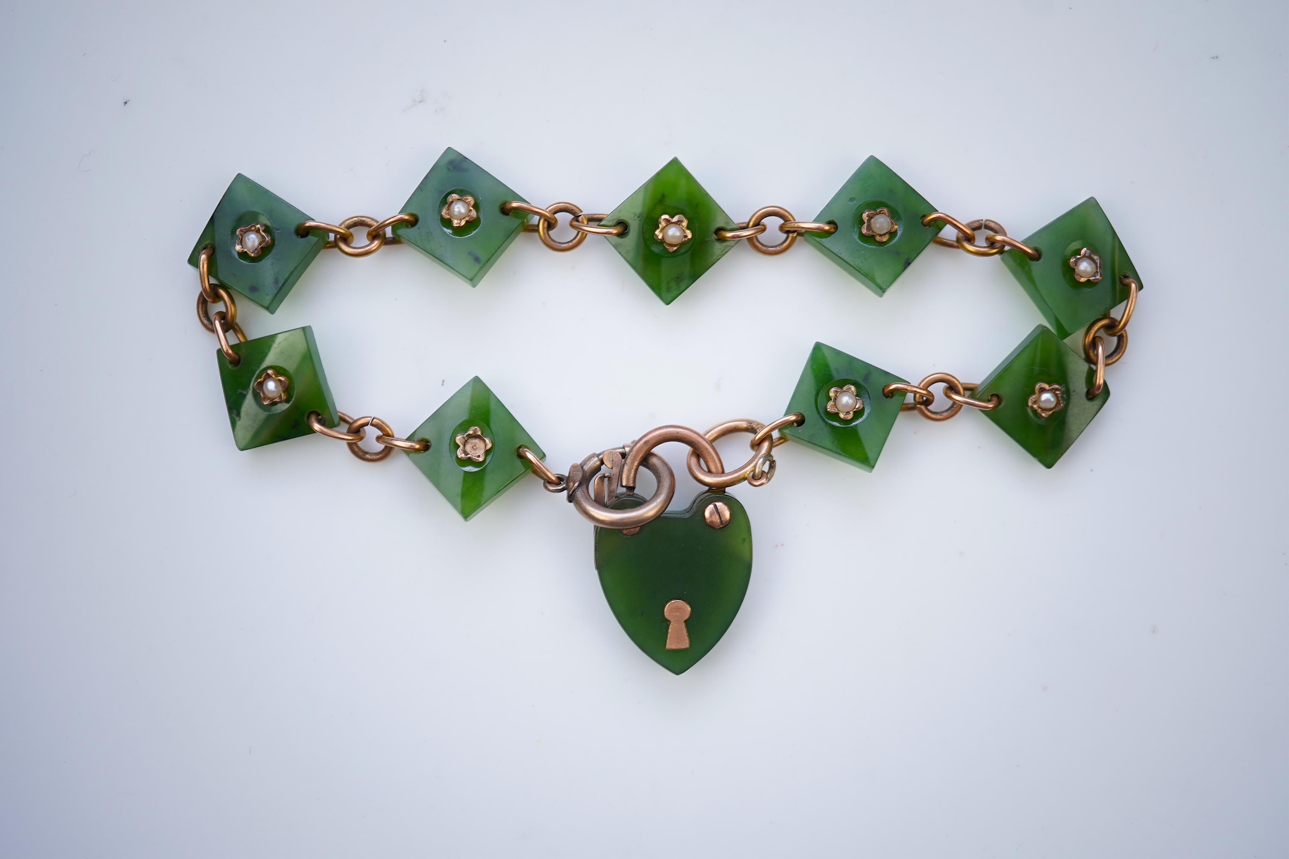 A nephrite and seed pearl bracelet, circa 1900